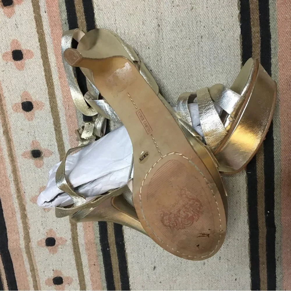 Vince Camuto women’s 7.5 gold strappy heels shoes good stored condition